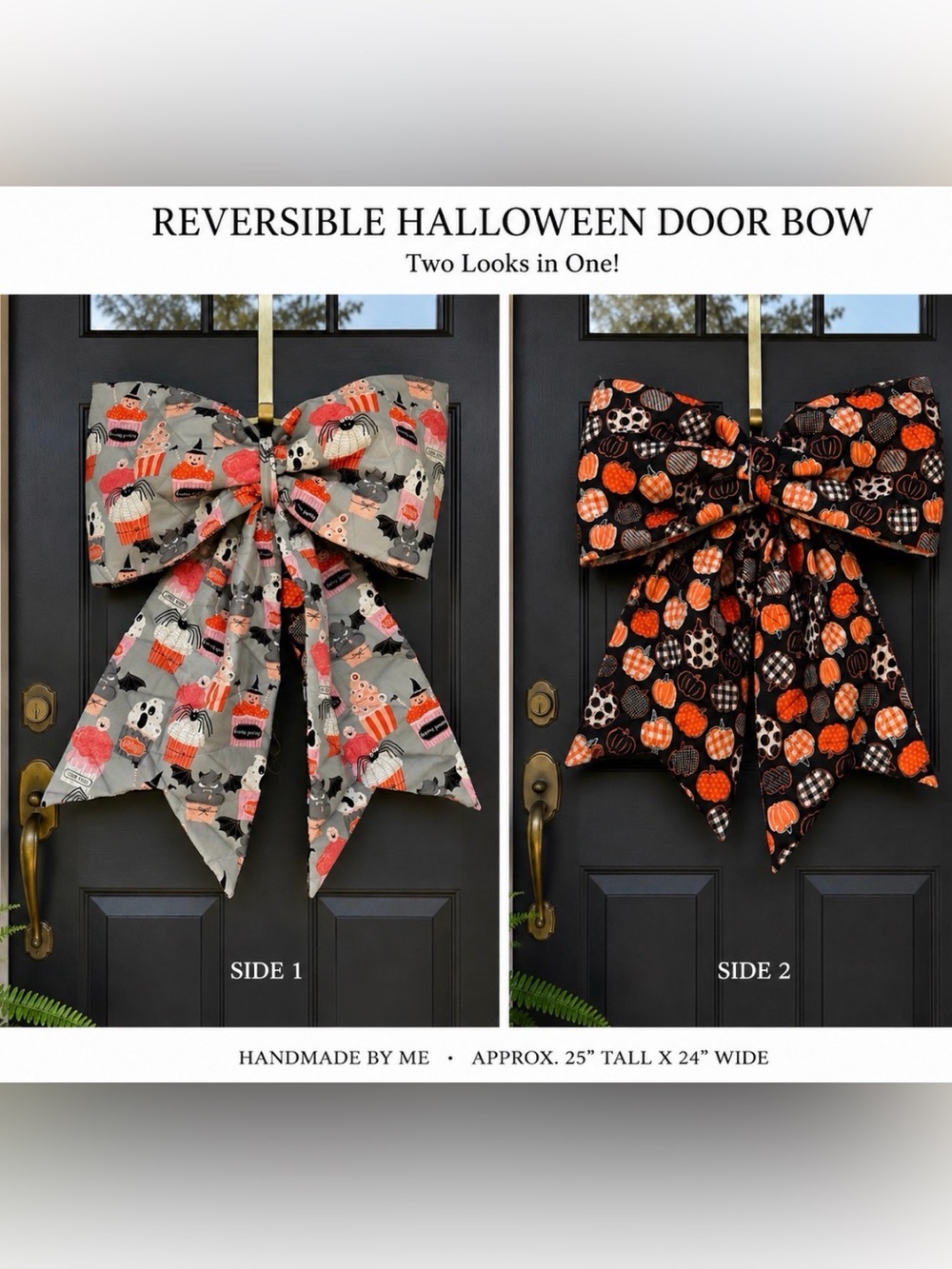 Handmade Reversible Halloween Door Bow - Gray and Black Pumpkin Print